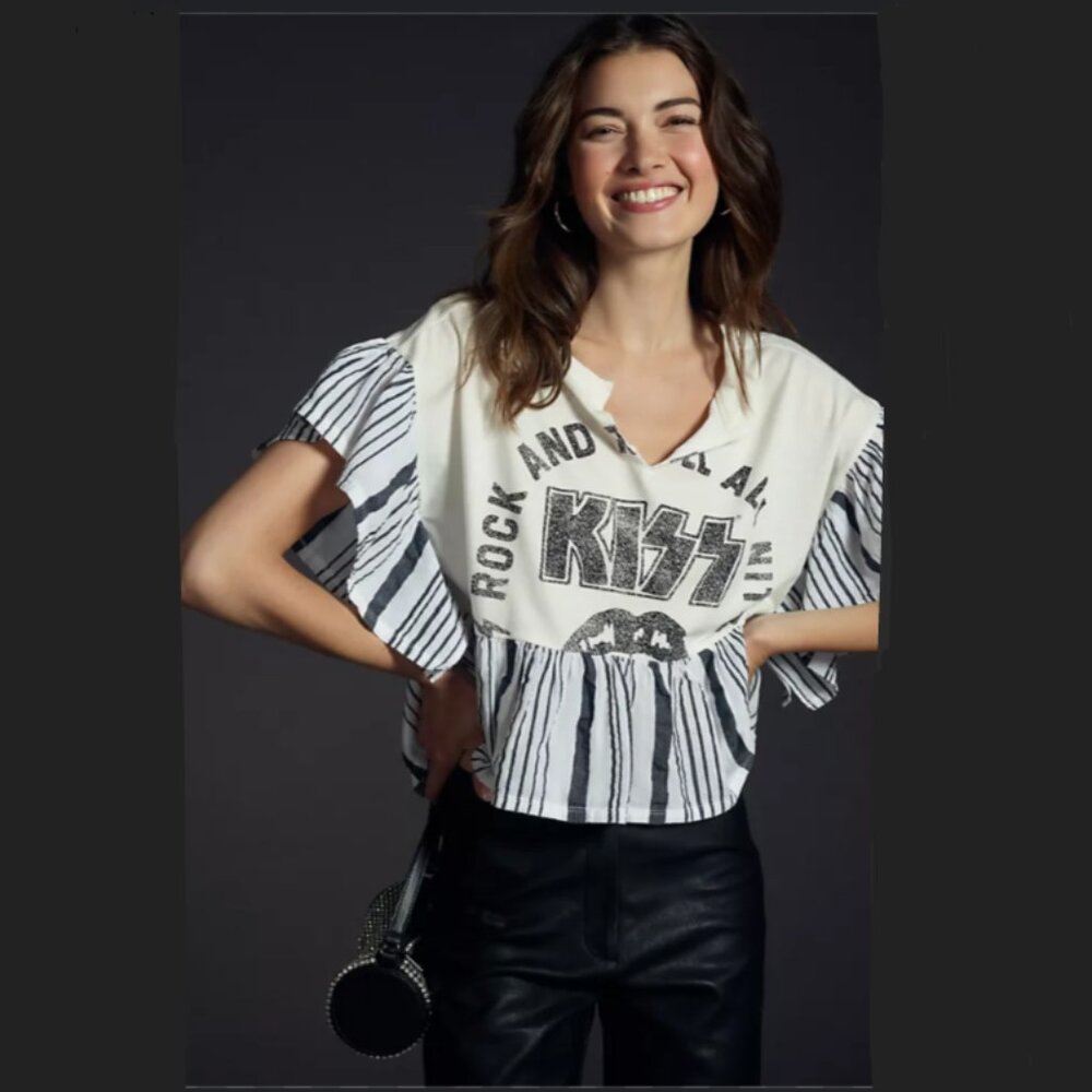 Brand New Pilcro Graphic Band Babydoll Tee, KISS